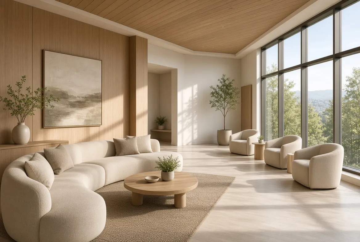 Calm surgery center lounge filled with natural light