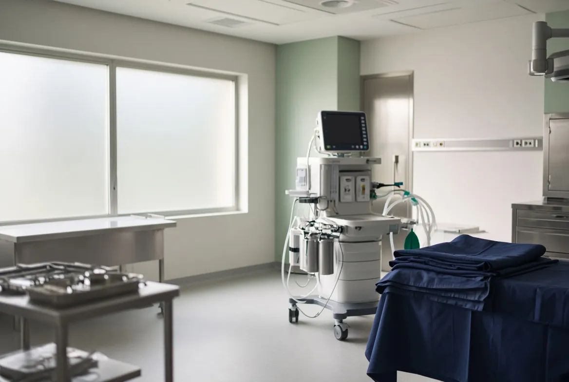 Bright outpatient operating room with an anesthesia machine beside the table